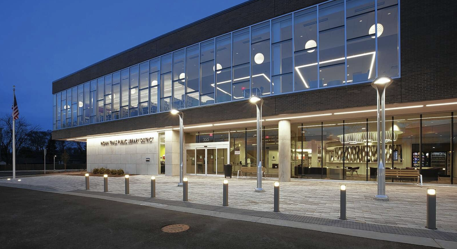 Nighttime shot of the Indian Trails Public Library.