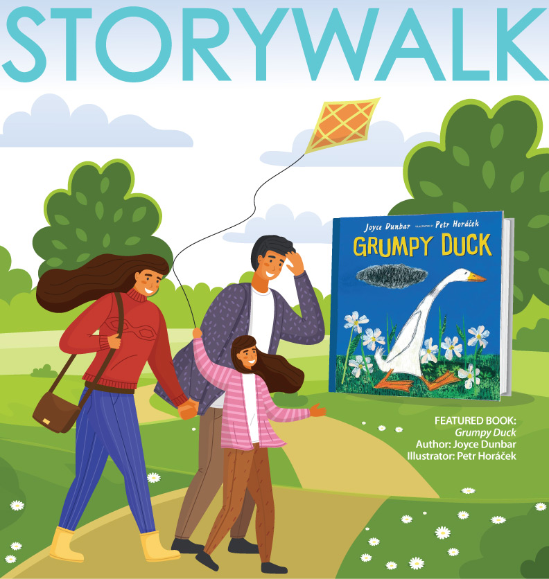 Illustration of a family and the book Grumpy Duck.