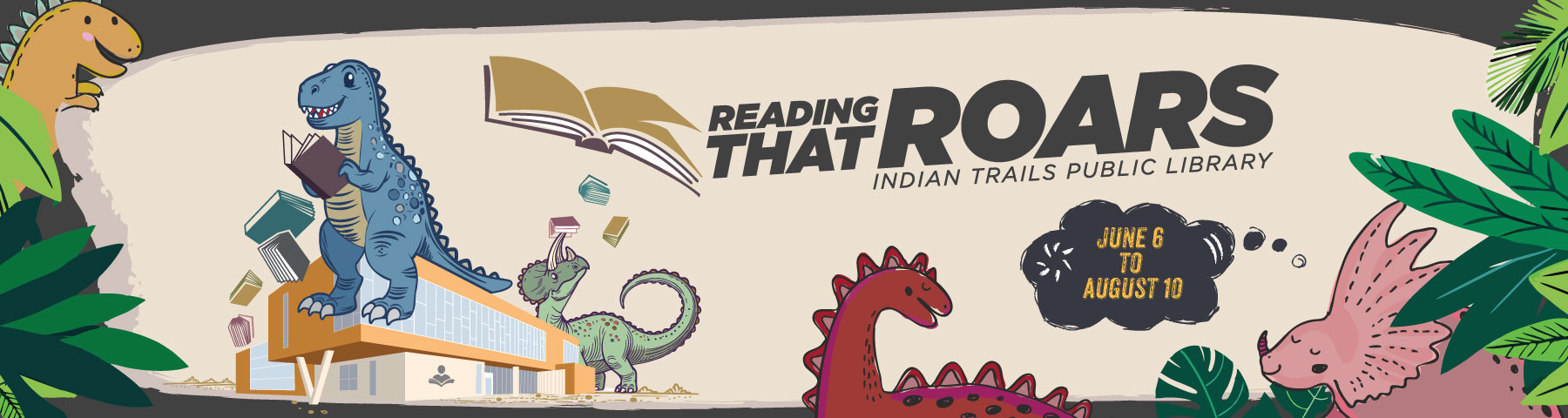 Reading that Roars logo covered in friendly dinosaurs throwing books around.