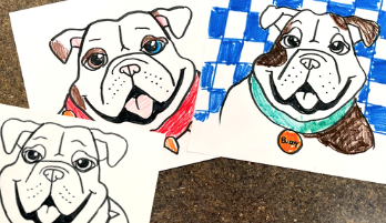Three drawings of friendly bulldogs.