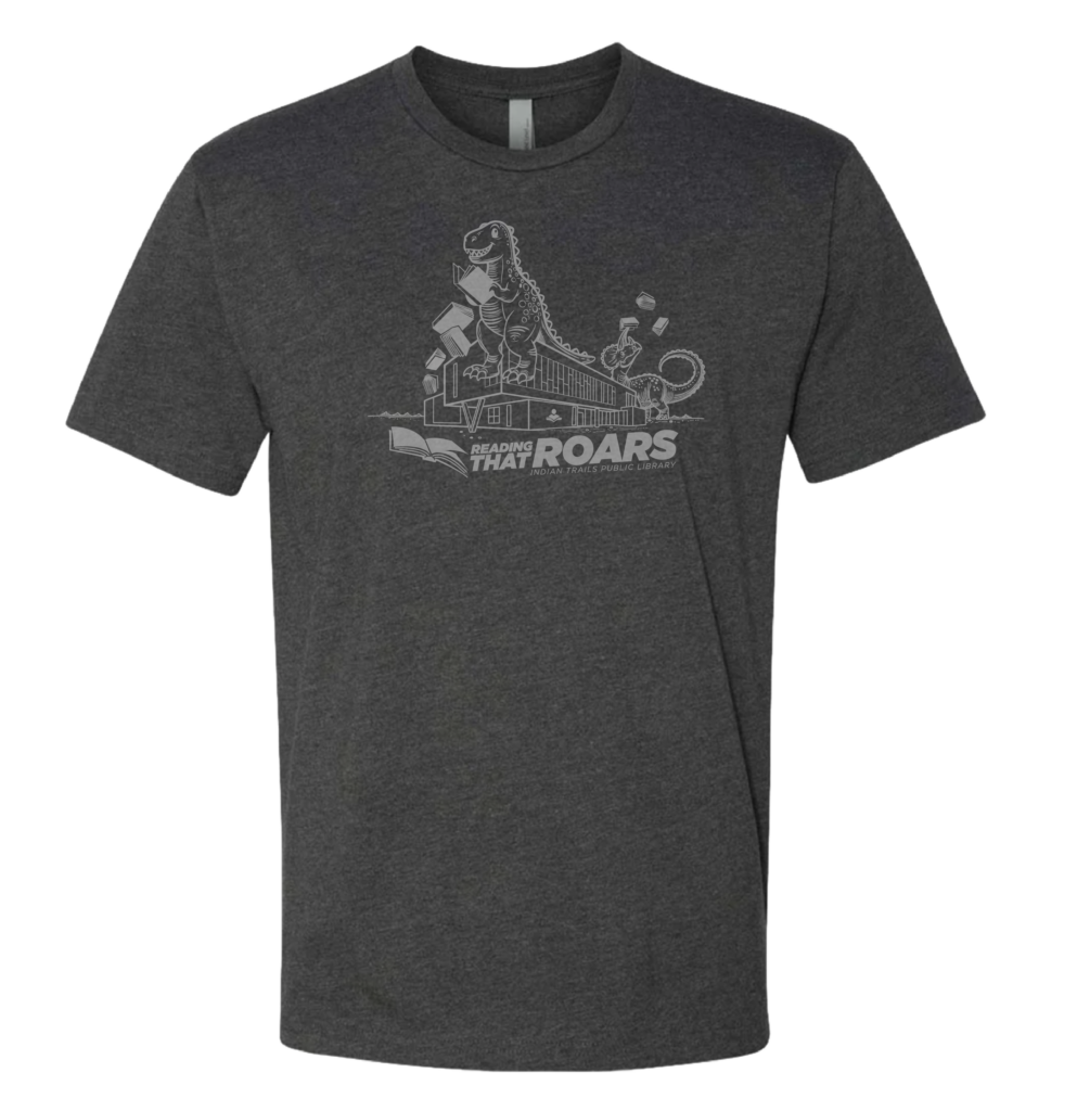 Heather gray shirt with the summer library adventure logo in stone gray.