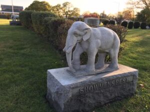 A gravestone in the shape of an elephant.